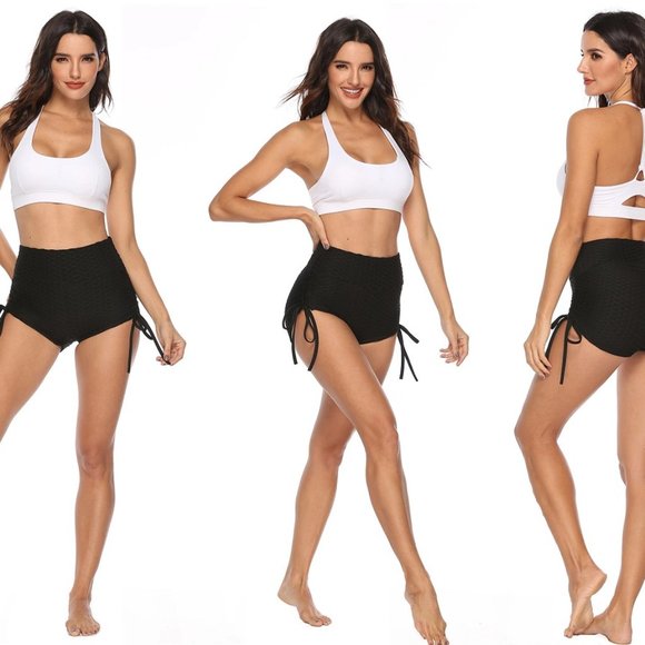 High Rise Yoga Short Wide Waistband Ruched Shorts Hides tummy flab - Black - Picture 6 of 15